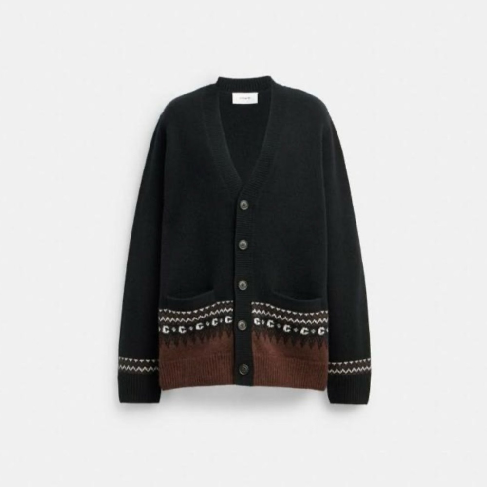 Coach Black and Brown Cardigan Sweater with Geometric Hem